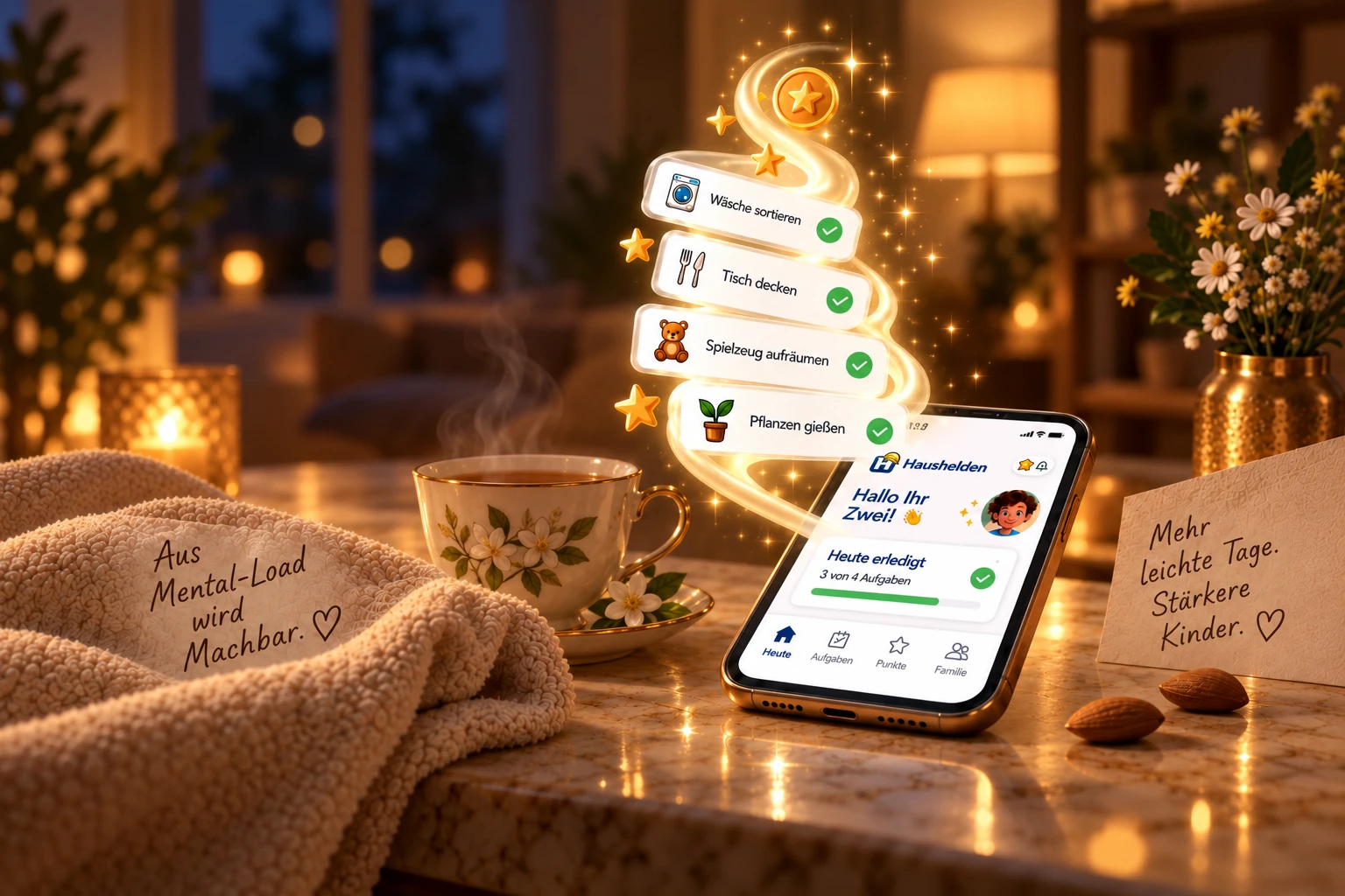 Ein Wohnzimmer am Abend, Kerzen und warmes Lampenlicht. Auf dem Tisch eine Tasse
                Tee und ein Handy mit der Haushelden-App; daraus steigt eine leuchtende Spirale
                erledigter Aufgaben auf – Wäsche sortieren, Tisch decken, Spielzeug aufräumen,
                Pflanzen gießen. Zwei Zettel daneben: „Aus Mental-Load wird Machbar.“ und
                „Mehr leichte Tage. Stärkere Kinder.“