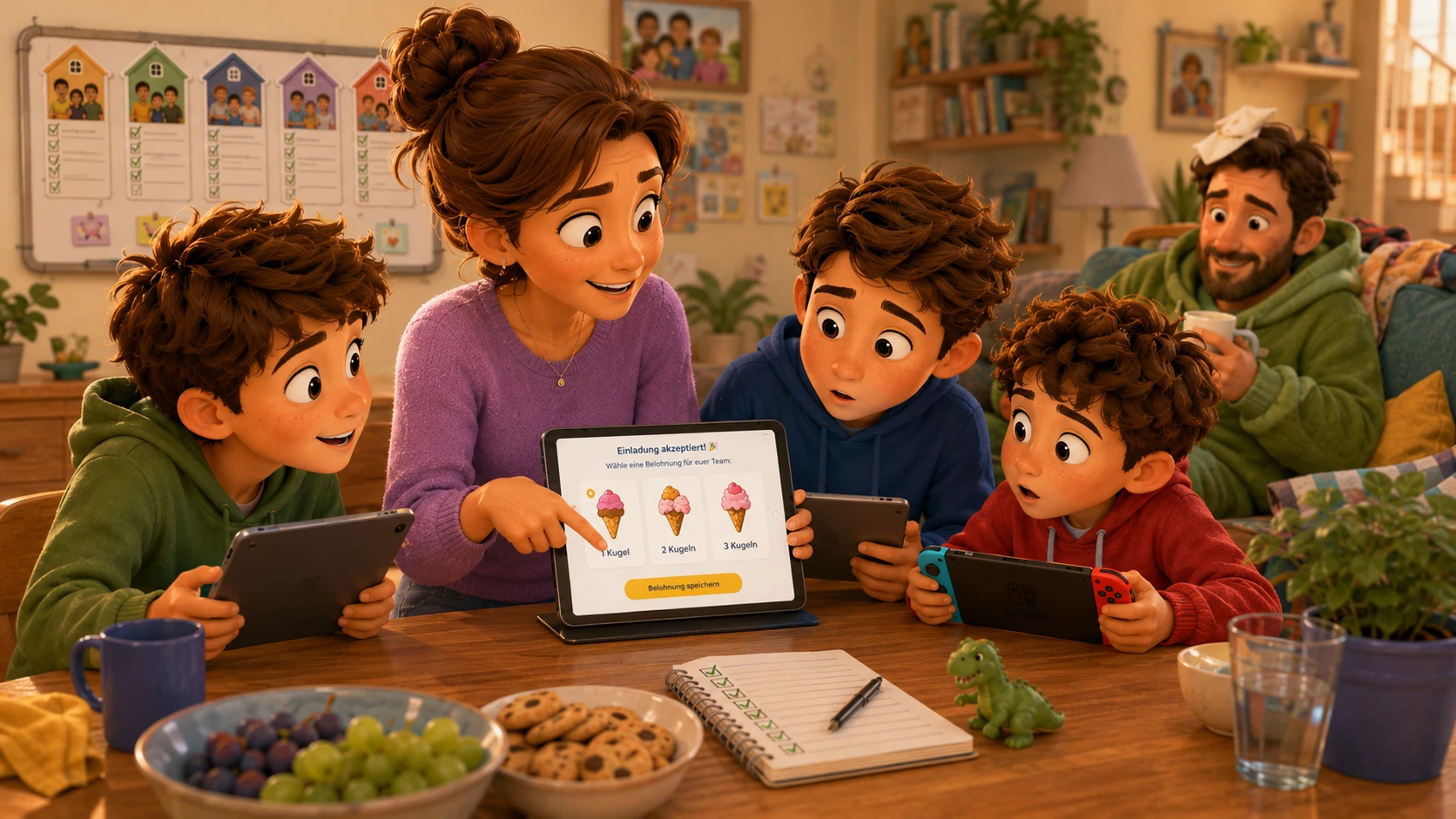 Eine Familie sitzt am Esstisch um ein Tablet mit der Haushelden-App. Auf dem Bildschirm steht „Einladung akzeptiert!“ und die Wahl zwischen einer, zwei und drei Kugeln Eis als Belohnung; die drei Kinder und die Eltern schauen gespannt darauf