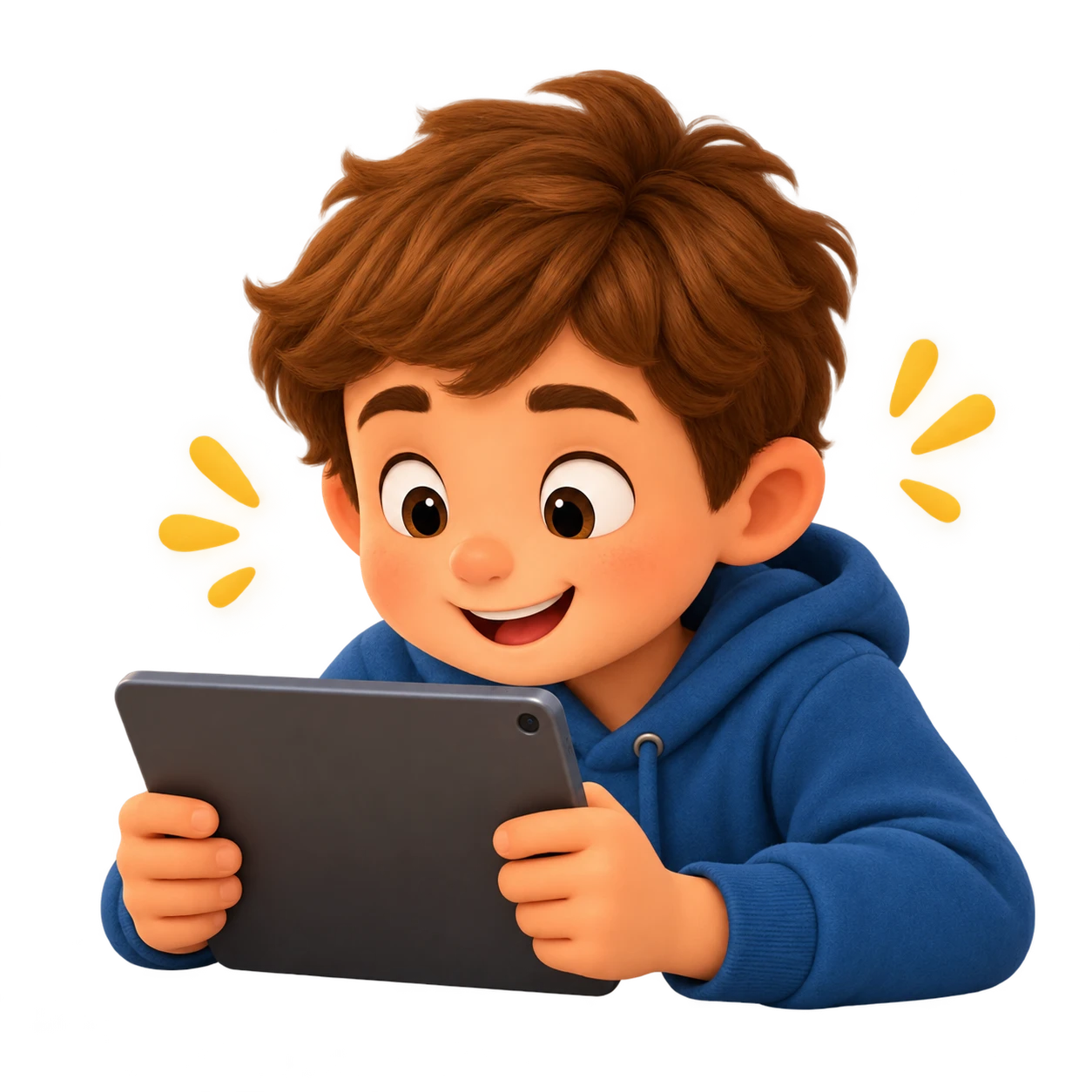 Junge sitzt mit Tablet da und schaut nicht auf