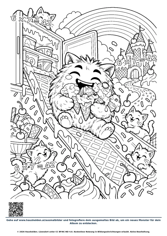 Ausmalbild: ein zotteliges Monster mit einer Eiswaffel vor einer Eisdiele, ringsum Katzen, Waffeln und Kirschen
