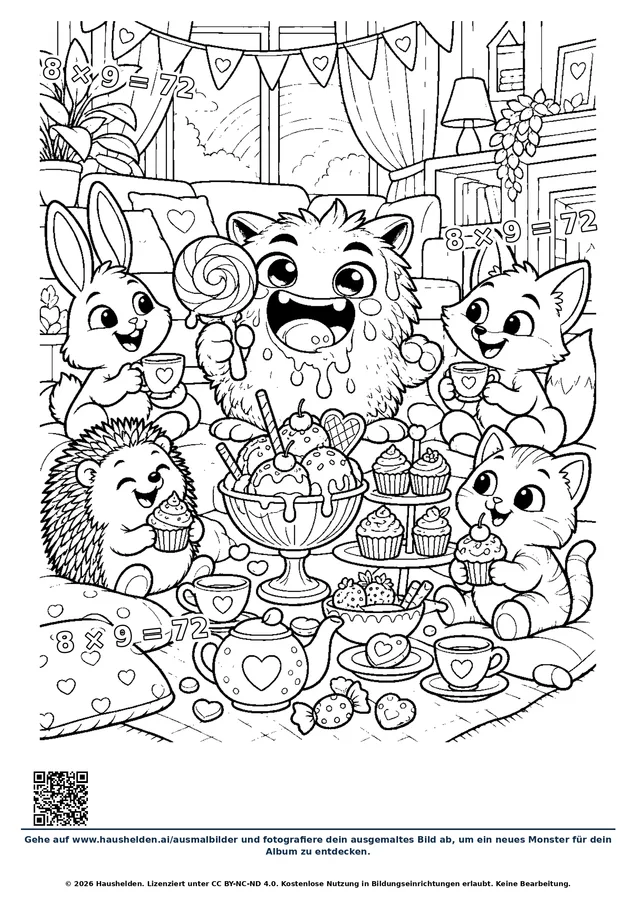 Ausmalbild: ein Monster mit einem riesigen Eisbecher und einem Lutscher an einem gedeckten Tisch, drumherum Hase, Igel und Katzen mit Törtchen