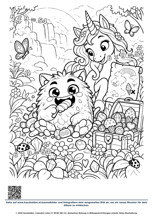 Ausmalbild: ein Monster sitzt mit einem Einhorn und einer offenen Schatzkiste in einem Garten voller Blumen, Schmetterlinge und ein Marienkäfer