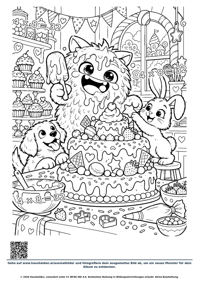 Ausmalbild: ein Monster sitzt auf einer mehrstöckigen Torte, daneben ein Hund und ein Hase, darüber Wimpelketten und Törtchen