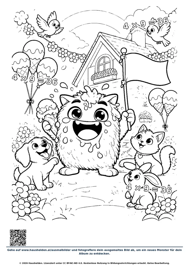 Ausmalbild: ein Monster hält eine Fahne vor einer Hundehütte, daneben Welpen, Kätzchen, Luftballons und ein Vogel