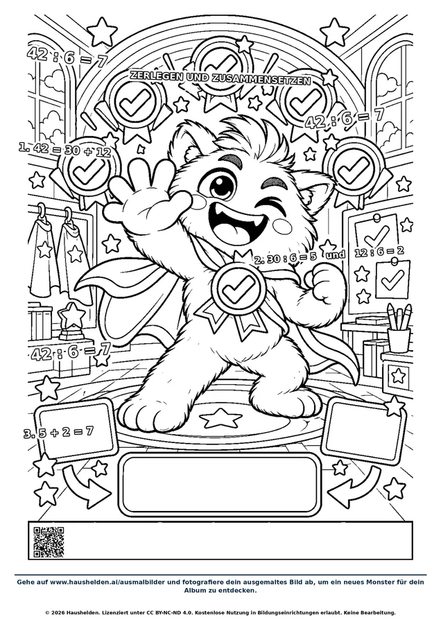 Ausmalbild: ein Monster mit Umhang und Orden steht auf einem Podest, ringsum Häkchen und ein leeres Schreibfeld