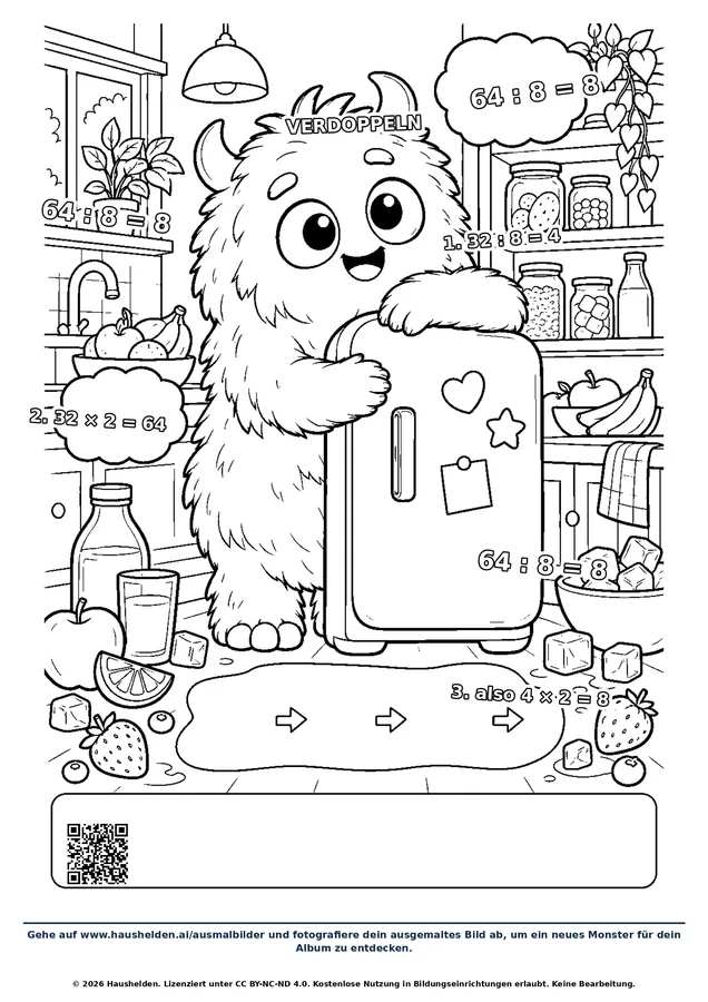 Ausmalbild: ein Monster lehnt an einem offenen Kühlschrank in einer Küche voller Vorräte und Obst