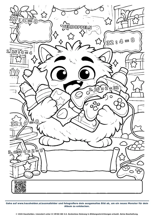 Ausmalbild: ein Monster mit Controller auf dem Sofa, ringsum Snacks, Lichterkette und Geschenke