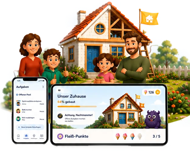 Familie vor ihrem selbst gebauten Haus, daneben die Haushelden-App auf Smartphone und Tablet