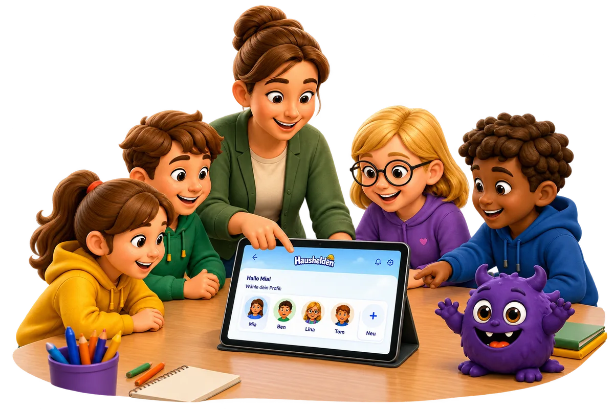 Eine Betreuerin zeigt vier Kindern am Tisch die Haushelden-Profilauswahl auf einem Tablet