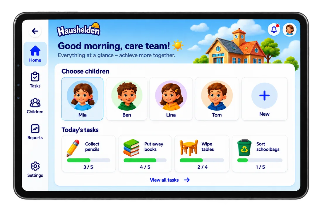 Tablet showing the staff view: a greeting for the care team, the child picker with Mia, Ben, Lina and Tom, and today’s tasks with progress bars
