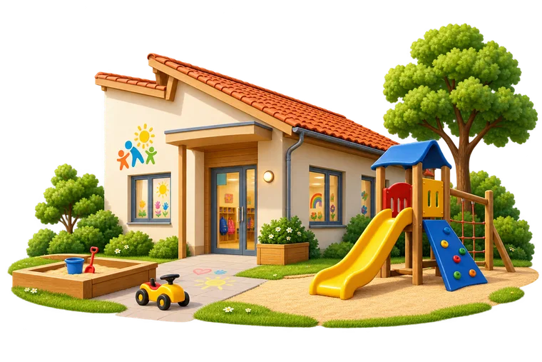 Kindergarten mit Spielplatz, Rutsche und Sandkasten