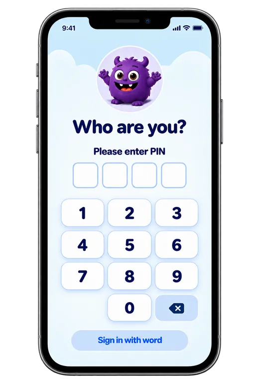 Smartphone showing the sign-in: “Who are you?”, a PIN entry field with number pad and a “Sign in with a word” button