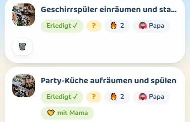 App-Ansicht mit erledigten Aufgaben, jede mit ihrem Foto, Punktzahl und Namen