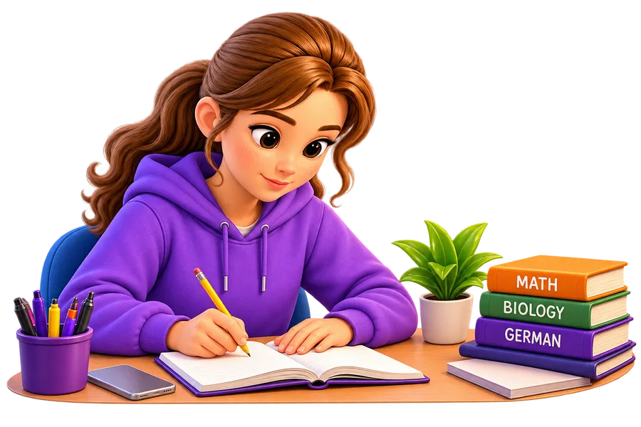 A girl studying at her desk, with sticky notes on the wall