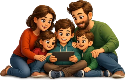 Familie sitzt gemeinsam vor einem Tablet