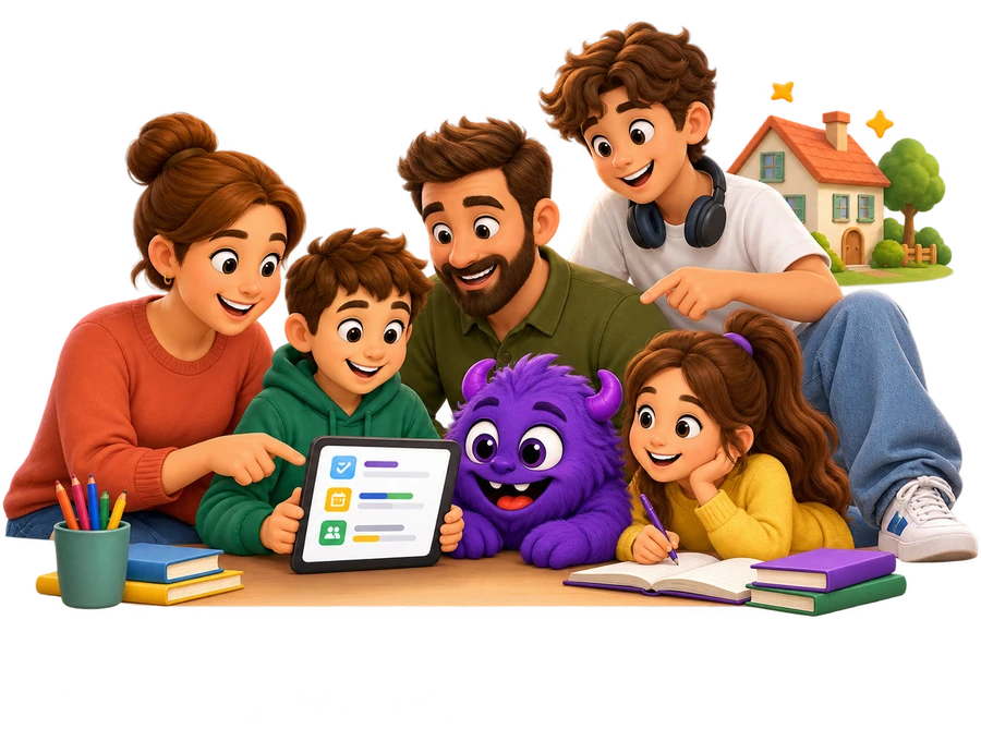 Familie plant gemeinsam am Tablet, daneben das Haushelden-Monster