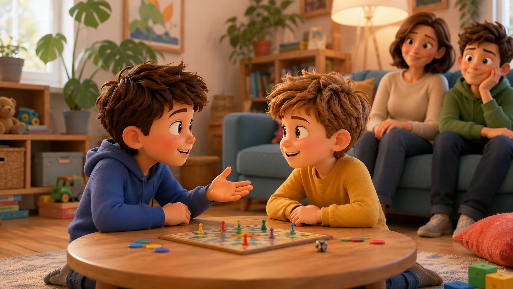 Two children smiling and talking to each other.