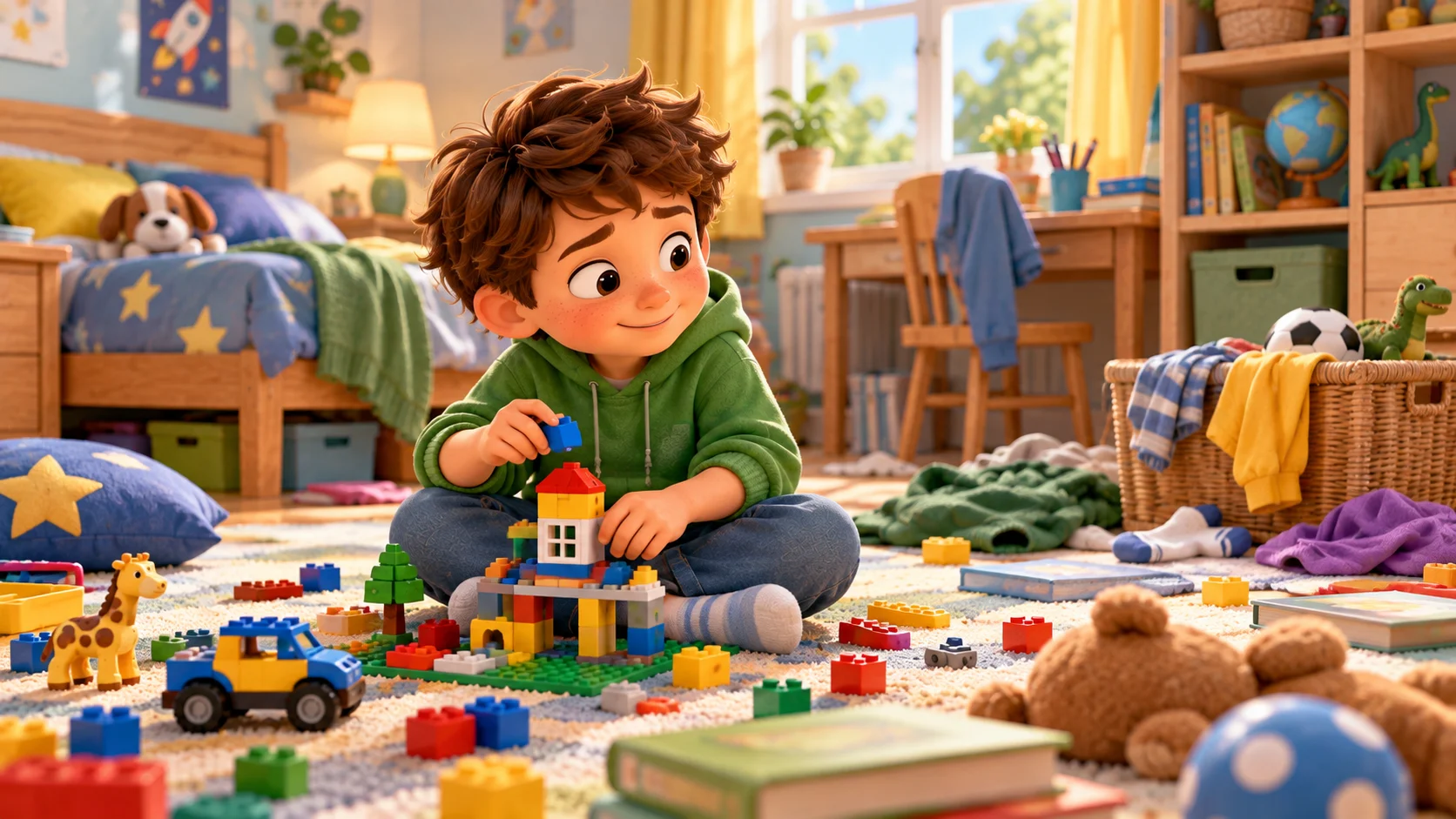 A child playing in a messy room.